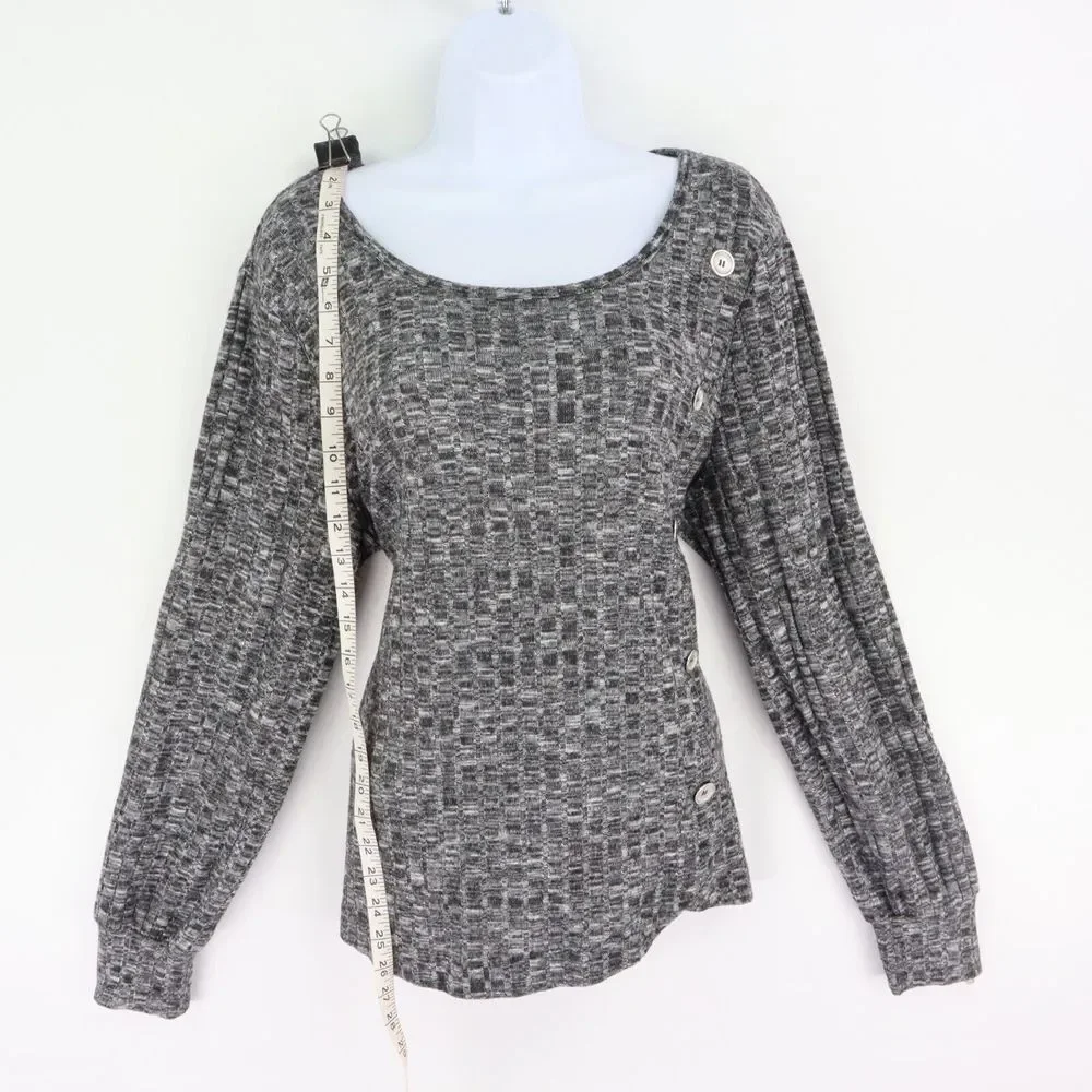 Adrienne Vittadini Sweater Pullover Womens Size XL Gray Heathered Button Accents